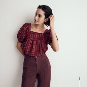 Madewell Seersucker Bubble-Sleeve Top in Cabernet